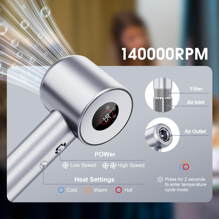 Uscator de par profesional – 500 milioane ioni negativi, motor 140.000 RPM, gri. [3]