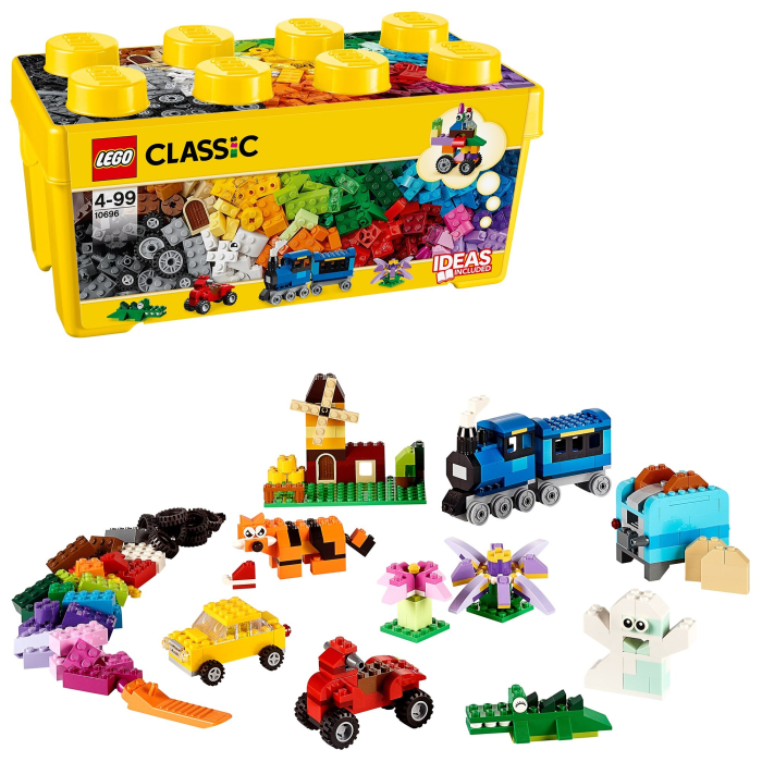 AM244 - Set lego classic 10696 cutie medie cu caramizi creative, 484 piese multicolore pentru constructii, include roti, ferestre si placa de baza, jucarie educativa pentru copii peste 4 ani, dezvoltare creativitate si gandire logica, cutie depozitare inclusa [1]