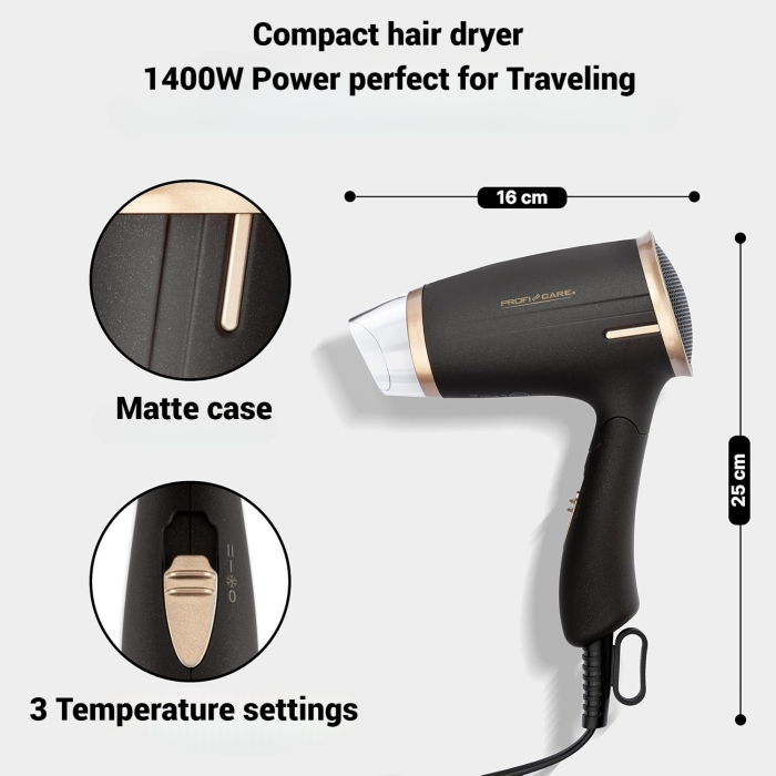 AM255 - Uscator de Par portabil ProfiCare® 1400W, Compact si Pliabil, 2 Trepte, Aer Rece, Protectie Supraincalzire, Maro [3]