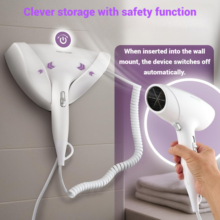 AM256 - Uscator de Par ProfiCare® 1800W cu suport de prins in Perete, Cablu Spiral Extra Lung, 2 Trepte, Aer Rece si Protectie Supraincalzire, pentru baie, hol, camera, alb [4]