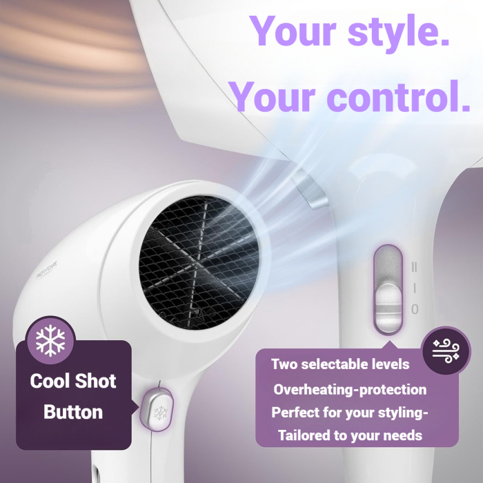 AM256 - Uscator de Par ProfiCare® 1800W cu suport de prins in Perete, Cablu Spiral Extra Lung, 2 Trepte, Aer Rece si Protectie Supraincalzire, pentru baie, hol, camera, alb [5]