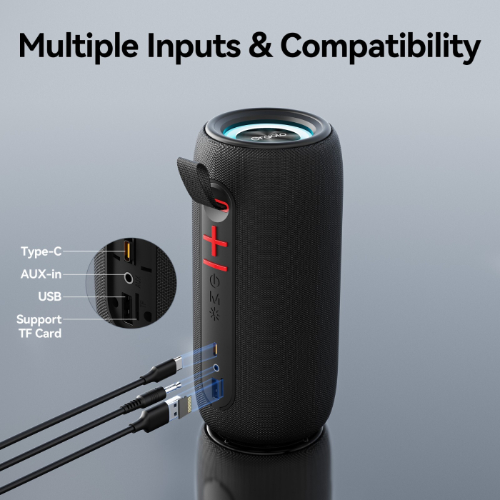 AM271 - Boxa portabila Oraolo® , 20 watt, Bluetooth 5.4, Functie TWS Pairing x 2, Rezistenta la apa IPX6, Acumulator, Lumini RGB, Type C, Conexiune AUX, Slot SD Card si USB, Negru [6]