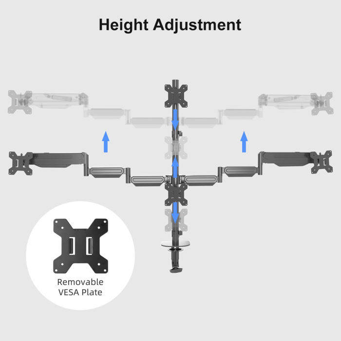AM272 - Suport 4 Monitoare Premium pentru Birou 32" inch Pholiten®, Arc pe Gaz, pentru Productivitate, Multitasking, Munca, Gaming, Organizator Cabluri, Instalare Usoara, Ergonomic, VESA 75x75 / 100x100, Pana la 10 kg per brat, Prindere cu Clema/Surub, Negru [4]