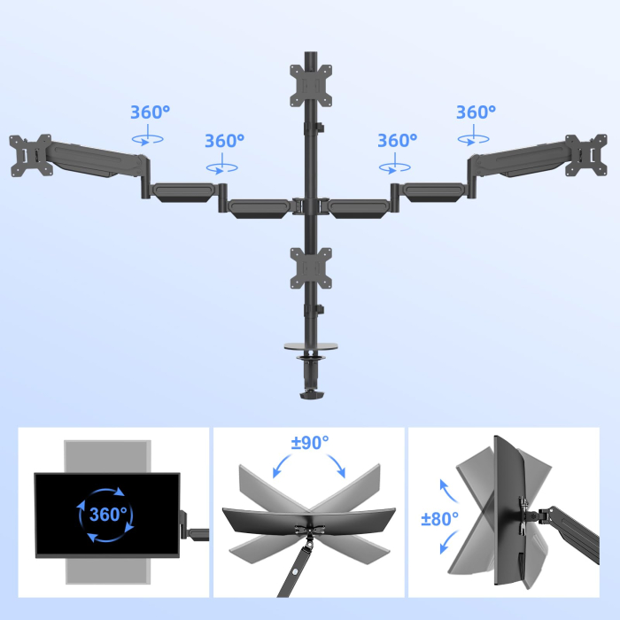 AM272 - Suport 4 Monitoare Premium pentru Birou 32" inch Pholiten®, Arc pe Gaz, pentru Productivitate, Multitasking, Munca, Gaming, Organizator Cabluri, Instalare Usoara, Ergonomic, VESA 75x75 / 100x100, Pana la 10 kg per brat, Prindere cu Clema/Surub, Negru [5]
