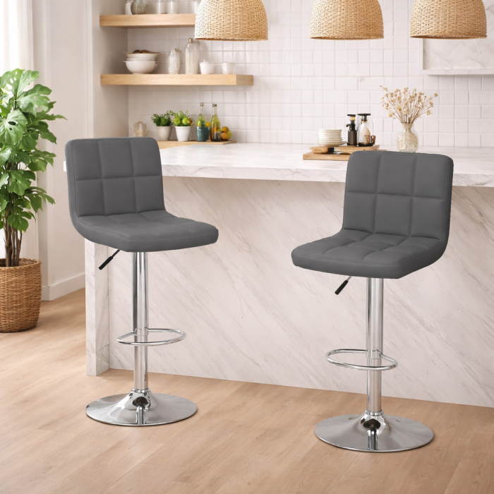 AM280 - Set 2 scaune bar Premium, reglabile pe inaltime, rotative 360°, tapiterie textil gri inchis, cadru otel cromat, suport picioare, confortabile pentru bucatarie, bar sau dining, Gri [4]