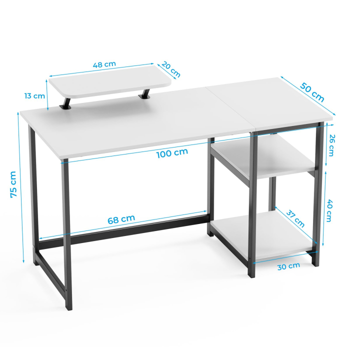 AM282 - Birou modern 100x50x75 cm cu spatiu de depozitare, masa PC cu rafturi detasabile, suport monitor, structura metalica stabila, design ergonomic si multifunctional pentru acasa, gaming, dormitor sau birou, alb [3]