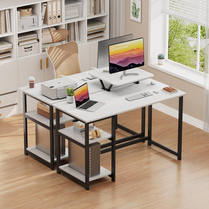 AM282 - Birou modern 100x50x75 cm cu spatiu de depozitare, masa PC cu rafturi detasabile, suport monitor, structura metalica stabila, design ergonomic si multifunctional pentru acasa, gaming, dormitor sau birou, alb [2]