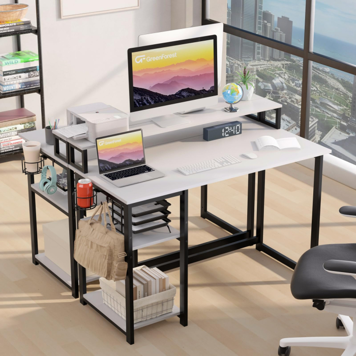 AM283 - Birou modern 100x50x75 cm cu spatiu de depozitare, masa PC cu rafturi detasabile, suport monitor, structura metalica stabila, design ergonomic si multifunctional pentru acasa, gaming, dormitor sau birou, alb [6]