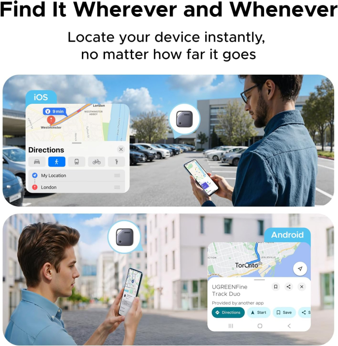 AM284 - Tracker Android si iOS Bluetooth UGREEN® FineTrack Duo Smart Tag AirTag Bluetooth, dispozitiv anti-pierdere cu localizare Globala, USB-C Rechargeable, Compatibil Apple Find My si Google Find My Device, Alarma 100dB [7]