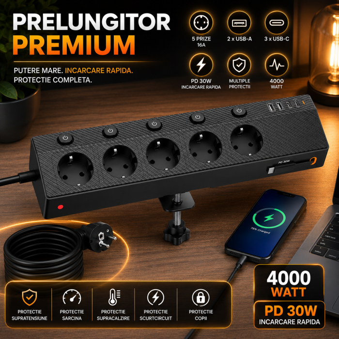 AM287 - Prelungitor pentru blat, birou, cu prindere, cu clema, PD 30W fast charge, 220V-250V 4000W/16A 5 prize, 3 USB-C, 2 USB-A, cablu 2m, protectie supratensiune, rotire 180° multifunctional, Negru [2]