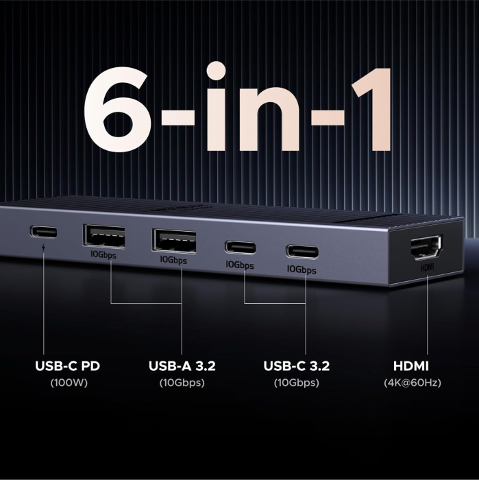 AM288 - Hub USB-C UGREEN 6 in 1 Revodok Pro 10 Gbps cu HDMI 4K@60Hz – Adaptor USB-C cu 2 x USB-A 3.2 si 2 x USB-C 3.2, PD 100W, Aliaj Aluminiu, Gri [5]