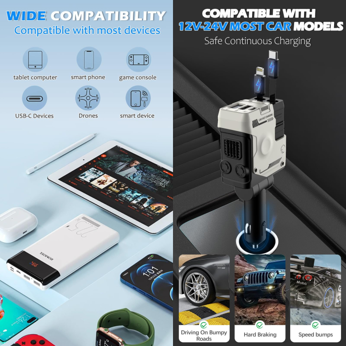 AM290 - Incarcator Auto Retractabil 4 in 1 USB-C Fast Charge, incarcator pentru priza bricheta, Cablu Integrat, Compatibil iPhone, Samsung Galaxy, Cutter Centura si Ciocan Urgenta [4]
