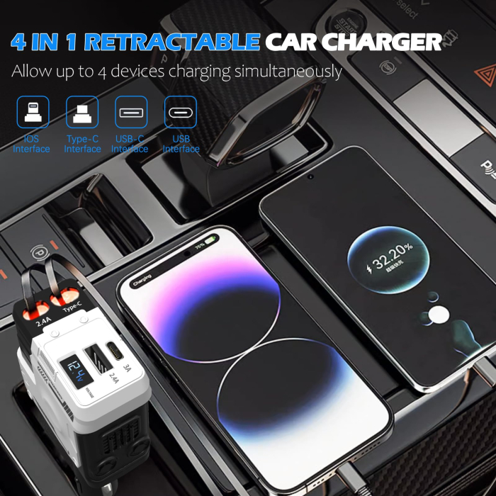 AM290 - Incarcator Auto Retractabil 4 in 1 USB-C Fast Charge, incarcator pentru priza bricheta, Cablu Integrat, Compatibil iPhone, Samsung Galaxy, Cutter Centura si Ciocan Urgenta [3]