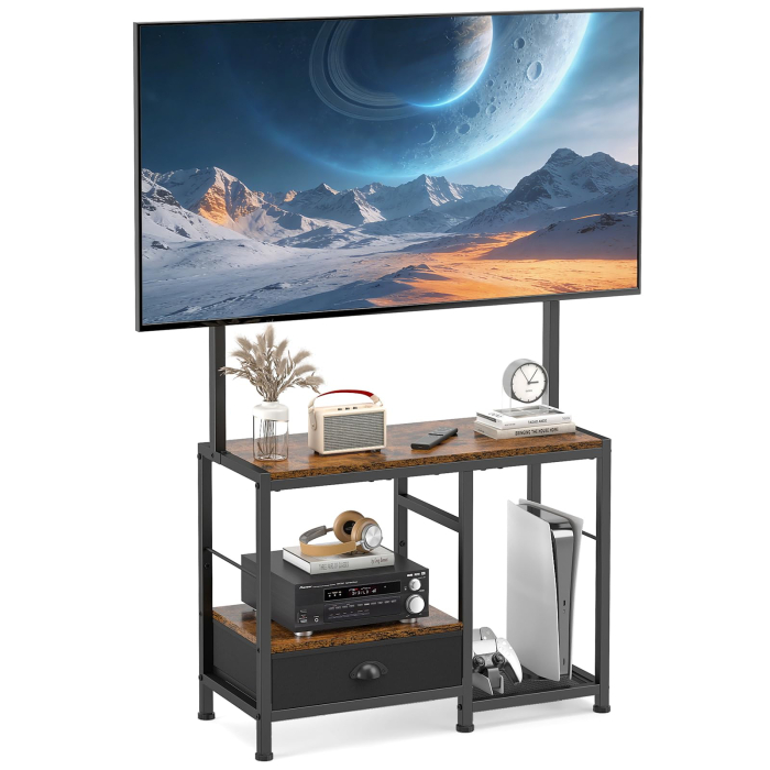 AM291 - Suport TV reglabil 32-55 inch tip comoda televizor, Vesa pana la 400/400, suporta total 90 Kg, masa TV cu sertar si rafturi depozitare, stand televizor universal, structura metalica, maro [1]