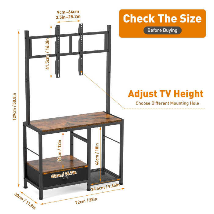 AM291 - Suport TV reglabil 32-55 inch tip comoda televizor, Vesa pana la 400/400, suporta total 90 Kg, masa TV cu sertar si rafturi depozitare, stand televizor universal, structura metalica, maro [3]