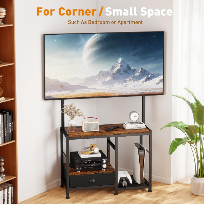 AM291 - Suport TV reglabil 32-55 inch tip comoda televizor, Vesa pana la 400/400, suporta total 90 Kg, masa TV cu sertar si rafturi depozitare, stand televizor universal, structura metalica, maro [5]