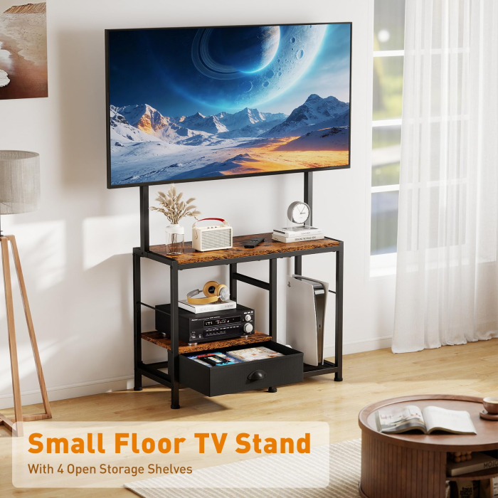 AM291 - Suport TV reglabil 32-55 inch tip comoda televizor, Vesa pana la 400/400, suporta total 90 Kg, masa TV cu sertar si rafturi depozitare, stand televizor universal, structura metalica, maro [4]
