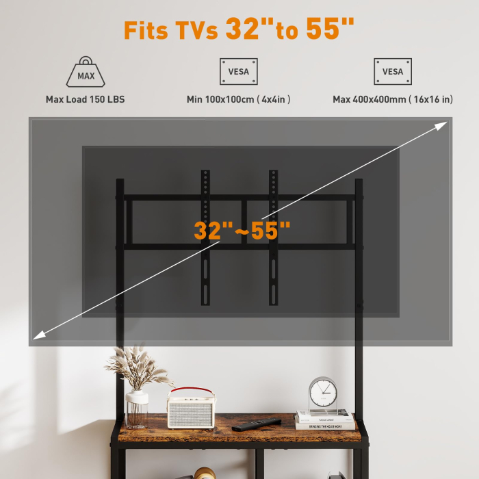AM291 - Suport TV reglabil 32-55 inch tip comoda televizor, Vesa pana la 400/400, suporta total 90 Kg, masa TV cu sertar si rafturi depozitare, stand televizor universal, structura metalica, maro [2]