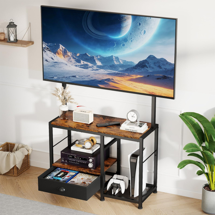 AM291 - Suport TV reglabil 32-55 inch tip comoda televizor, Vesa pana la 400/400, suporta total 90 Kg, masa TV cu sertar si rafturi depozitare, stand televizor universal, structura metalica, maro [7]