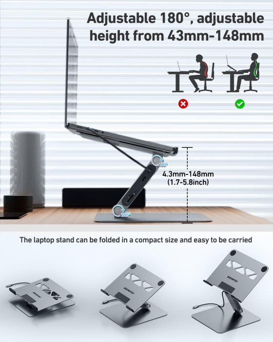 AM292 - Suport laptop cu docking station USB-C 7 in 1 BENFEI, HDMI 4K 60Hz, PD 100W, 10Gbps, cititor carduri SD/MicroSD, stand reglabil aluminiu, compatibil MacBook/XPS [9]