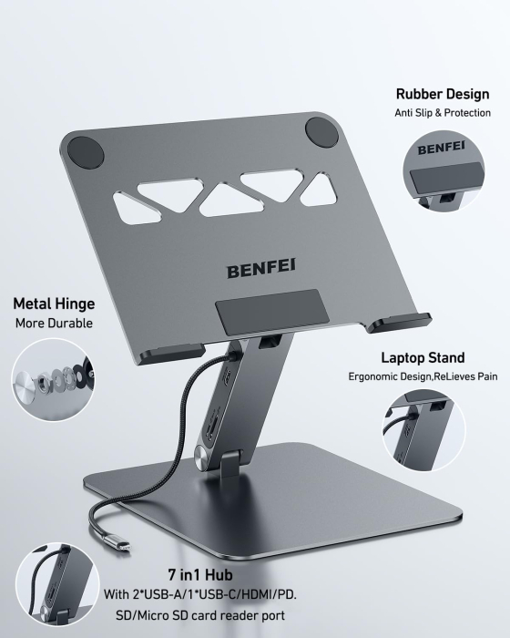 AM292 - Suport laptop cu docking station USB-C 7 in 1 BENFEI, HDMI 4K 60Hz, PD 100W, 10Gbps, cititor carduri SD/MicroSD, stand reglabil aluminiu, compatibil MacBook/XPS [3]