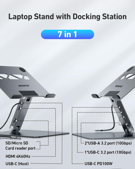 AM292 - Suport laptop cu docking station USB-C 7 in 1 BENFEI, HDMI 4K 60Hz, PD 100W, 10Gbps, cititor carduri SD/MicroSD, stand reglabil aluminiu, compatibil MacBook/XPS [2]