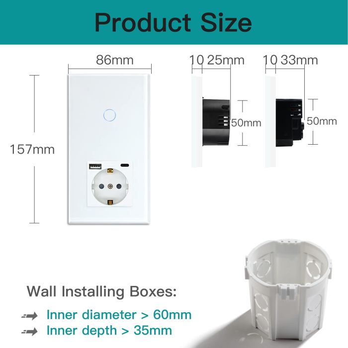 AM293 - Priza inteligenta Schuko cu intrerupator touch WiFi BSEED, USB si Type-C, control aplicatie Smart Tuya, compatibil Alexa Google Home, panou sticla, alb [8]