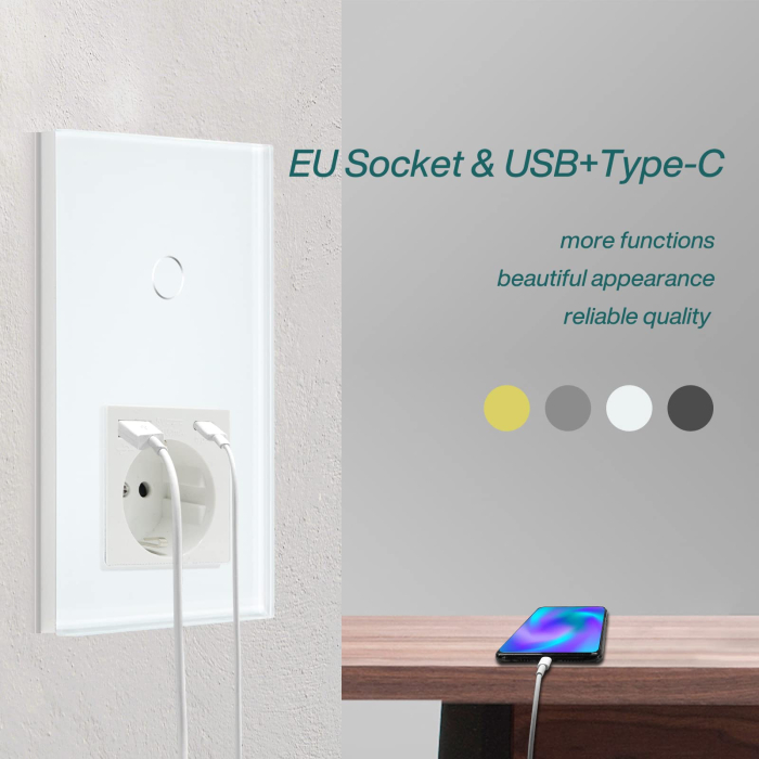 AM293 - Priza inteligenta Schuko cu intrerupator touch WiFi BSEED, USB si Type-C, control aplicatie Smart Tuya, compatibil Alexa Google Home, panou sticla, alb [3]