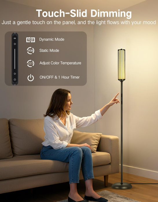 AM295 - Lampadar de podea RGBICW Smart LED , lampa de podea cu control app si telecomanda, 16M culori, 32 moduri, sincronizare muzica, veioza reglabila 2200K-6500K, 1500lm, Negru [5]