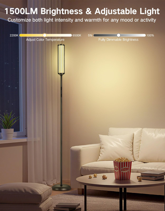 AM295 - Lampadar de podea RGBICW Smart LED , lampa de podea cu control app si telecomanda, 16M culori, 32 moduri, sincronizare muzica, veioza reglabila 2200K-6500K, 1500lm, Negru [4]