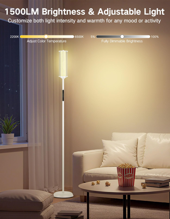 AM296 - Lampadar de podea RGBICW Smart LED , lampa de podea cu control app si telecomanda, 16M culori, 32 moduri, sincronizare muzica, veioza reglabila 2200K-6500K, 1500lm, Alb [4]