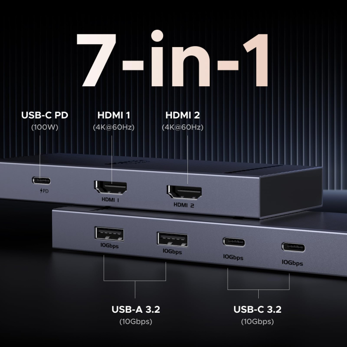 AM297 - Hub USB-C UGREEN Revodok Pro 207, 7 in 1, 2 x HDMI 4K 60Hz, PD 100W, 2 x USB 3.2 si 2 USB 3.2 Tip C 10Gbps, adaptor docking station pentru laptop MacBook, Windows, Android [2]