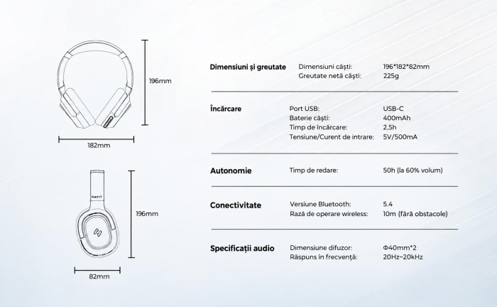AM308 - Casti Wireless Over-Ear Bluetooth Havit® H612BT PRO cu Anulare Activa a Zgomotului, Aplicatie Mobila, Mod Equalizer, Latenta Redusa 60ms pentru Gaming, Bass Puternic, Pliabile, Autonomie 50 Ore, Negru [9]