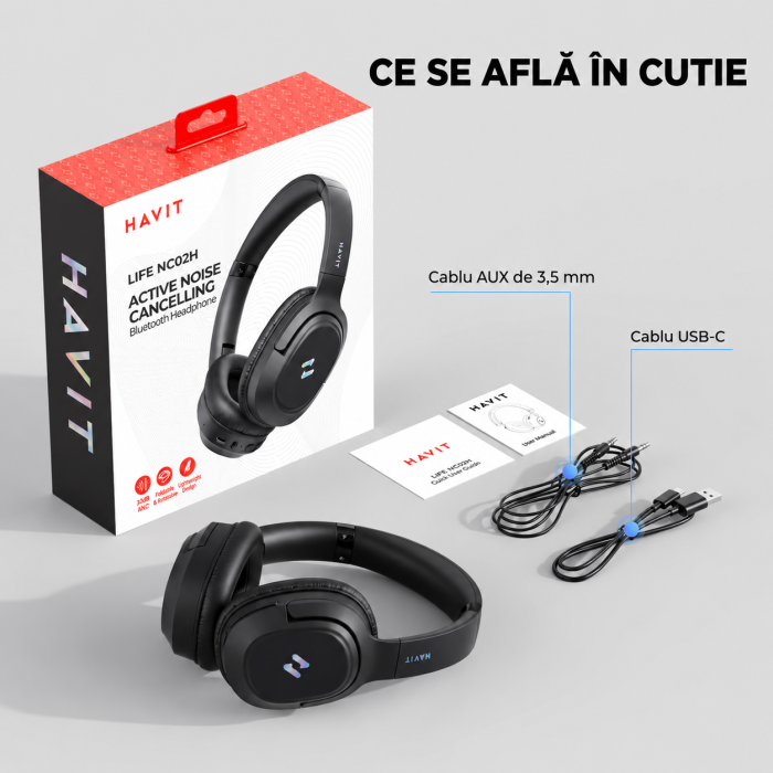 AM308 - Casti Wireless Over-Ear Bluetooth Havit® H612BT PRO cu Anulare Activa a Zgomotului, Aplicatie Mobila, Mod Equalizer, Latenta Redusa 60ms pentru Gaming, Bass Puternic, Pliabile, Autonomie 50 Ore, Negru [8]