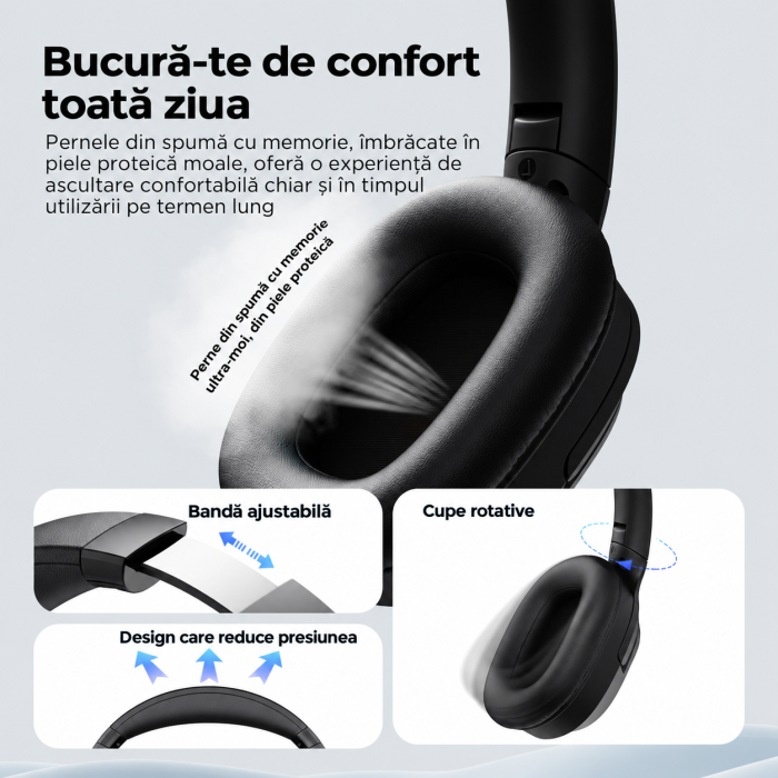 AM308 - Casti Wireless Over-Ear Bluetooth Havit® H612BT PRO cu Anulare Activa a Zgomotului, Aplicatie Mobila, Mod Equalizer, Latenta Redusa 60ms pentru Gaming, Bass Puternic, Pliabile, Autonomie 50 Ore, Negru [2]