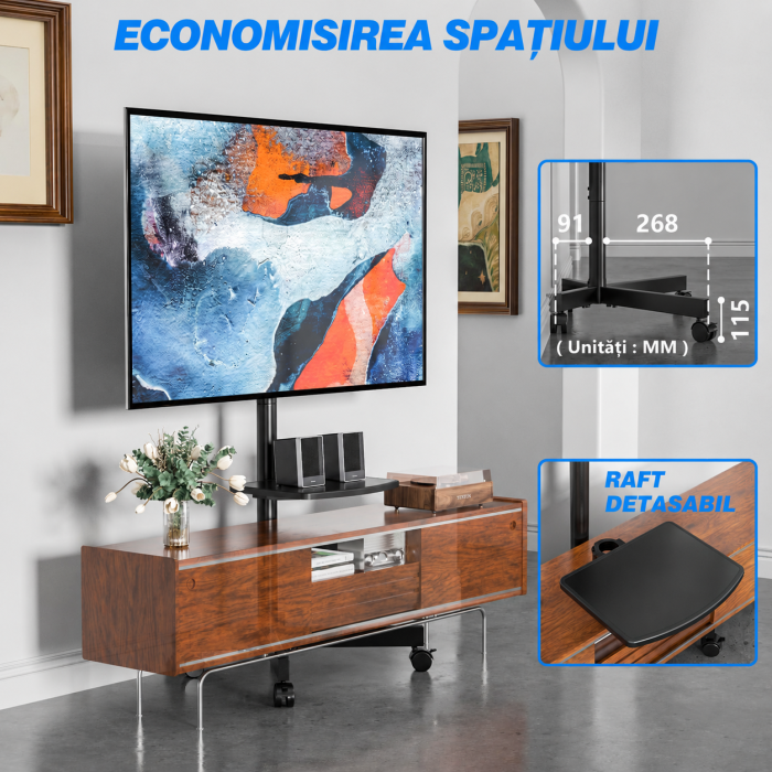 AM309 - Suport TV pentru televizor 27–60 Inch, Mobil cu roti 360°, Reglabil pe Inaltime, Inclinabil, VESA 400x400, greutate suportata 40 kg, cu sau fara polita, Negru [4]