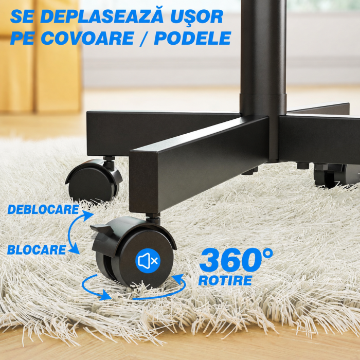 AM309 - Suport TV pentru televizor 27–60 Inch, Mobil cu roti 360°, Reglabil pe Inaltime, Inclinabil, VESA 400x400, greutate suportata 40 kg, cu sau fara polita, Negru [3]