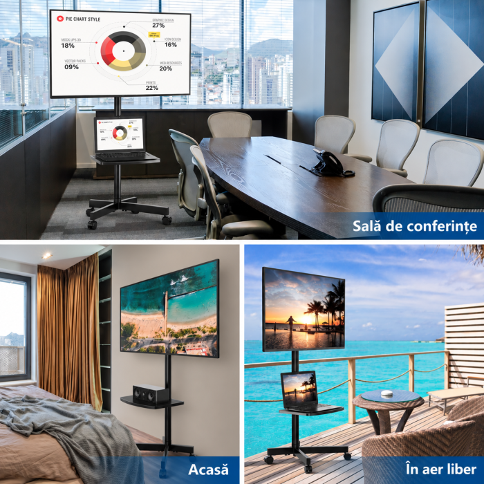 AM309 - Suport TV pentru televizor 27–60 Inch, Mobil cu roti 360°, Reglabil pe Inaltime, Inclinabil, VESA 400x400, greutate suportata 40 kg, cu sau fara polita, Negru [8]