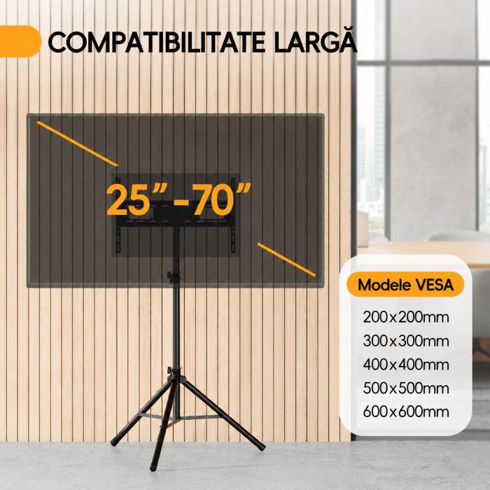 Suport TV Tripod pentru televizor 25–70 Inch, portabil, transportabil, Reglabil pe Inaltime, Inclinare ±15°, VESA 600x400, suporta 49 kg, foarte stabil, Negru [3]