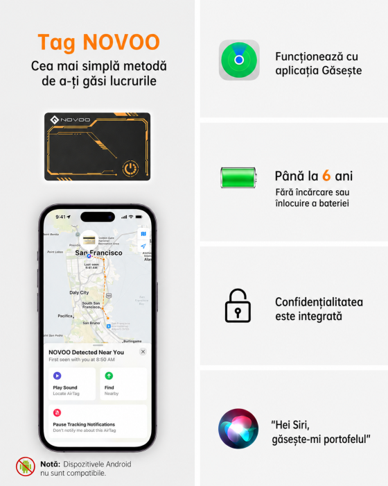 AM311 - Card Smart Tracker Bluetooth NOVOO Compatibil Apple Find My, Slim 1.6 mm, Baterie 6 Ani, IP68, 80 dB, urmaritor anti-pierder Portofel, Bagaje, Haine, Copii (iOS only) [4]