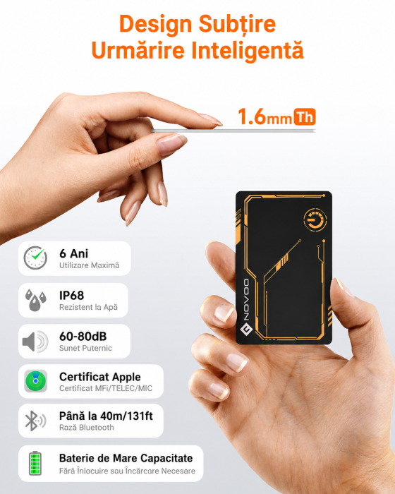 AM311 - Card Smart Tracker Bluetooth NOVOO Compatibil Apple Find My, Slim 1.6 mm, Baterie 6 Ani, IP68, 80 dB, urmaritor anti-pierder Portofel, Bagaje, Haine, Copii (iOS only) [3]