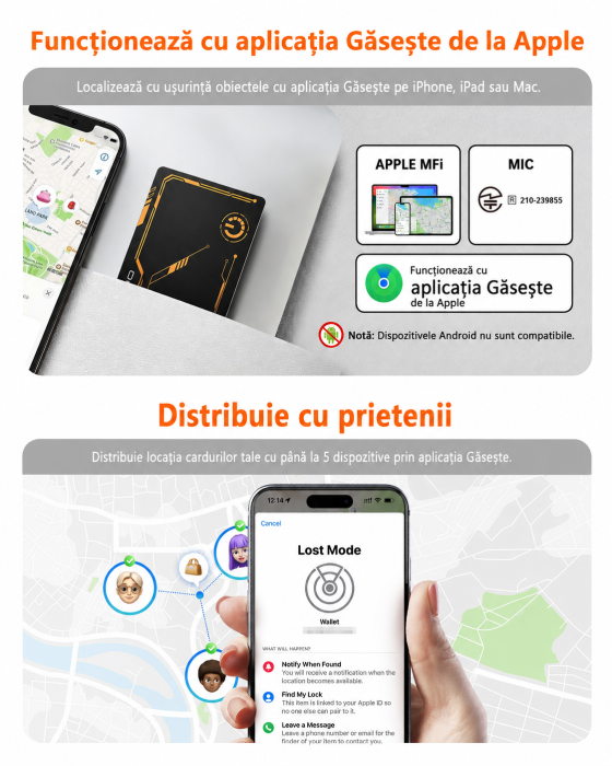 AM311 - Card Smart Tracker Bluetooth NOVOO Compatibil Apple Find My, Slim 1.6 mm, Baterie 6 Ani, IP68, 80 dB, urmaritor anti-pierder Portofel, Bagaje, Haine, Copii (iOS only) [5]