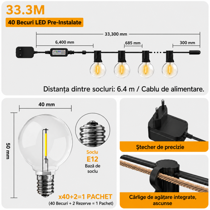 AM314 - Ghirlanda Luminoasa Decorativa SMART LED IP44 33.3m Adymel®, 40+2 becuri LED G40 incluse, Control Aplicatie + Telecomanda, Timer Smart, exterior, lumina calda 2700K, Music Sync, potrivita pentru Craci [2]