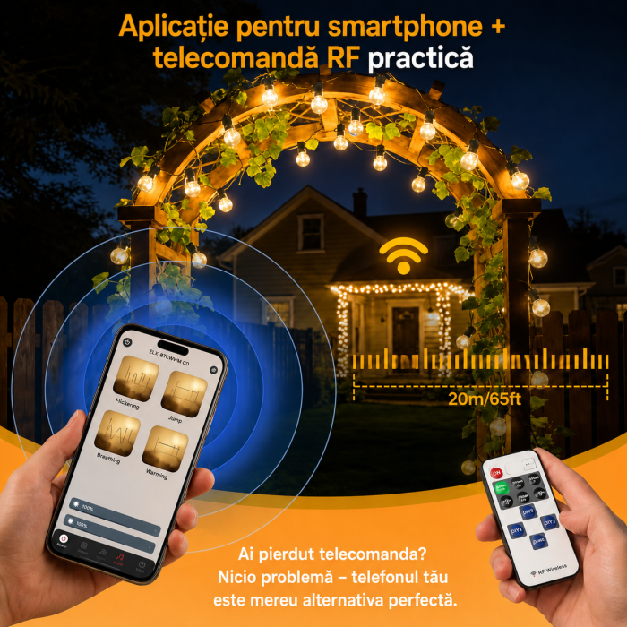 AM314 - Ghirlanda Luminoasa Decorativa SMART LED IP44 33.3m Adymel®, 40+2 becuri LED G40 incluse, Control Aplicatie + Telecomanda, Timer Smart, exterior, lumina calda 2700K, Music Sync, potrivita pentru Craci [4]