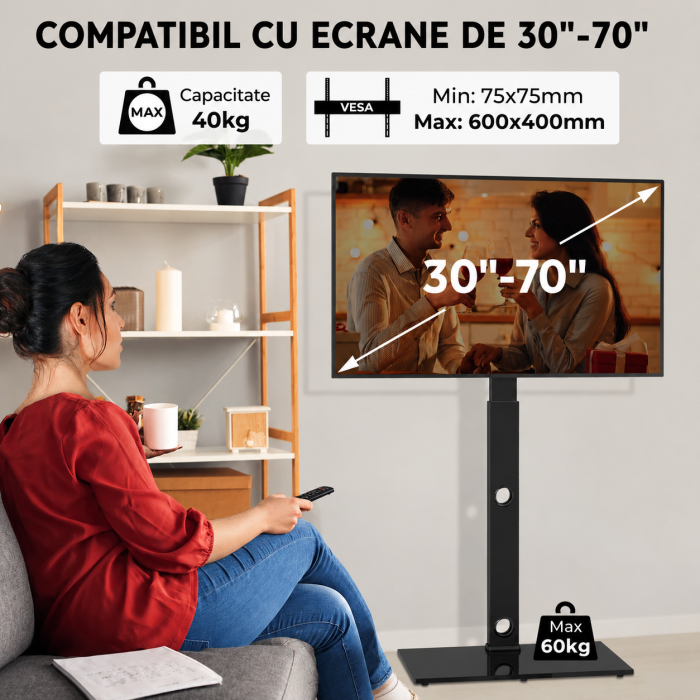 AM315 - Suport TV pentru televizor 30-70 inch Bontec®, plat si curbat, cu sticla securizata, suporta greutate pana la 40 kg, VESA pana la 600 x 400 mm, brat pivotant, inaltime ajustabila, prinderi din otel, m [2]