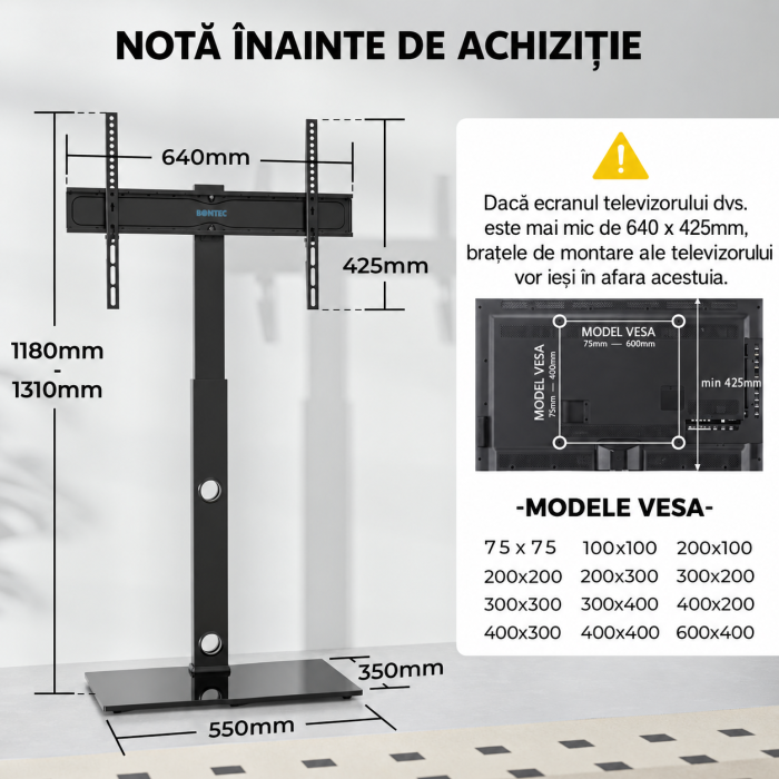 AM315 - Suport TV pentru televizor 30-70 inch Bontec®, plat si curbat, cu sticla securizata, suporta greutate pana la 40 kg, VESA pana la 600 x 400 mm, brat pivotant, inaltime ajustabila, prinderi din otel, m [3]