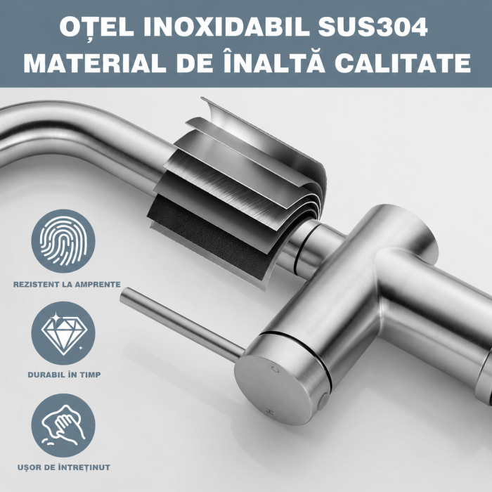 AM316 - Baterie pentru Chiuveta Bucatarie Extractabila, Inox Premium SUS304, Anti-rugina, Anti-exfoliere, cap dus extractabil, Pipa inalta si Rotire 360°, 2 Moduri Jet, Monocomanda, de calitate [2]