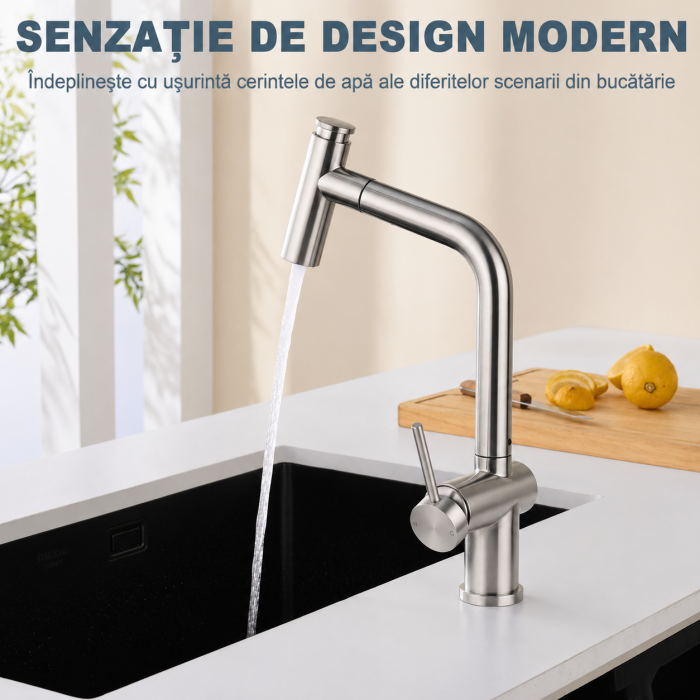 AM316 - Baterie pentru Chiuveta Bucatarie Extractabila, Inox Premium SUS304, Anti-rugina, Anti-exfoliere, cap dus extractabil, Pipa inalta si Rotire 360°, 2 Moduri Jet, Monocomanda, de calitate [9]