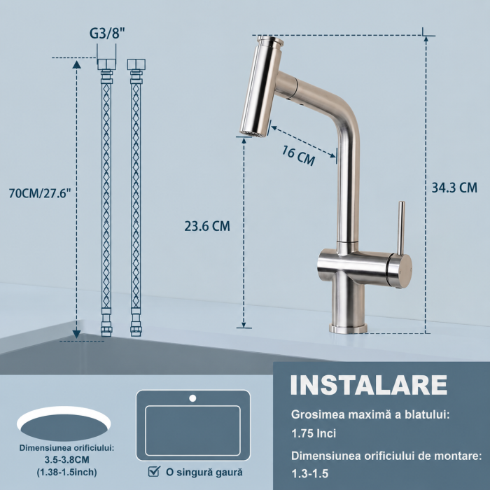 AM316 - Baterie pentru Chiuveta Bucatarie Extractabila, Inox Premium SUS304, Anti-rugina, Anti-exfoliere, cap dus extractabil, Pipa inalta si Rotire 360°, 2 Moduri Jet, Monocomanda, de calitate [3]