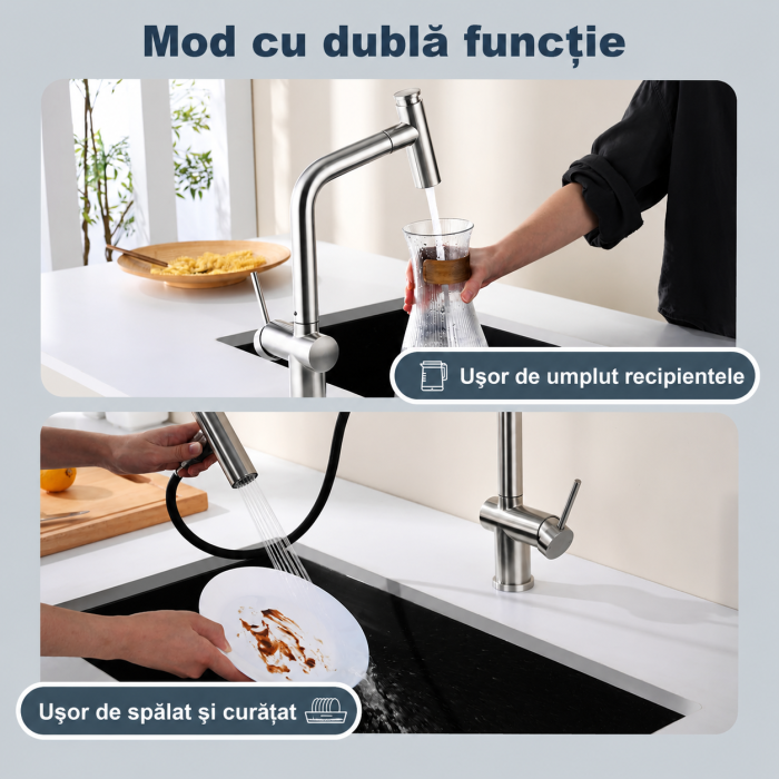 AM316 - Baterie pentru Chiuveta Bucatarie Extractabila, Inox Premium SUS304, Anti-rugina, Anti-exfoliere, cap dus extractabil, Pipa inalta si Rotire 360°, 2 Moduri Jet, Monocomanda, de calitate [6]